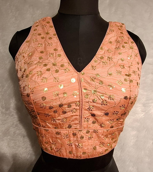 Kia Fashions Peach Twin Tone Golden All Over Sequins Readymade Blouse 