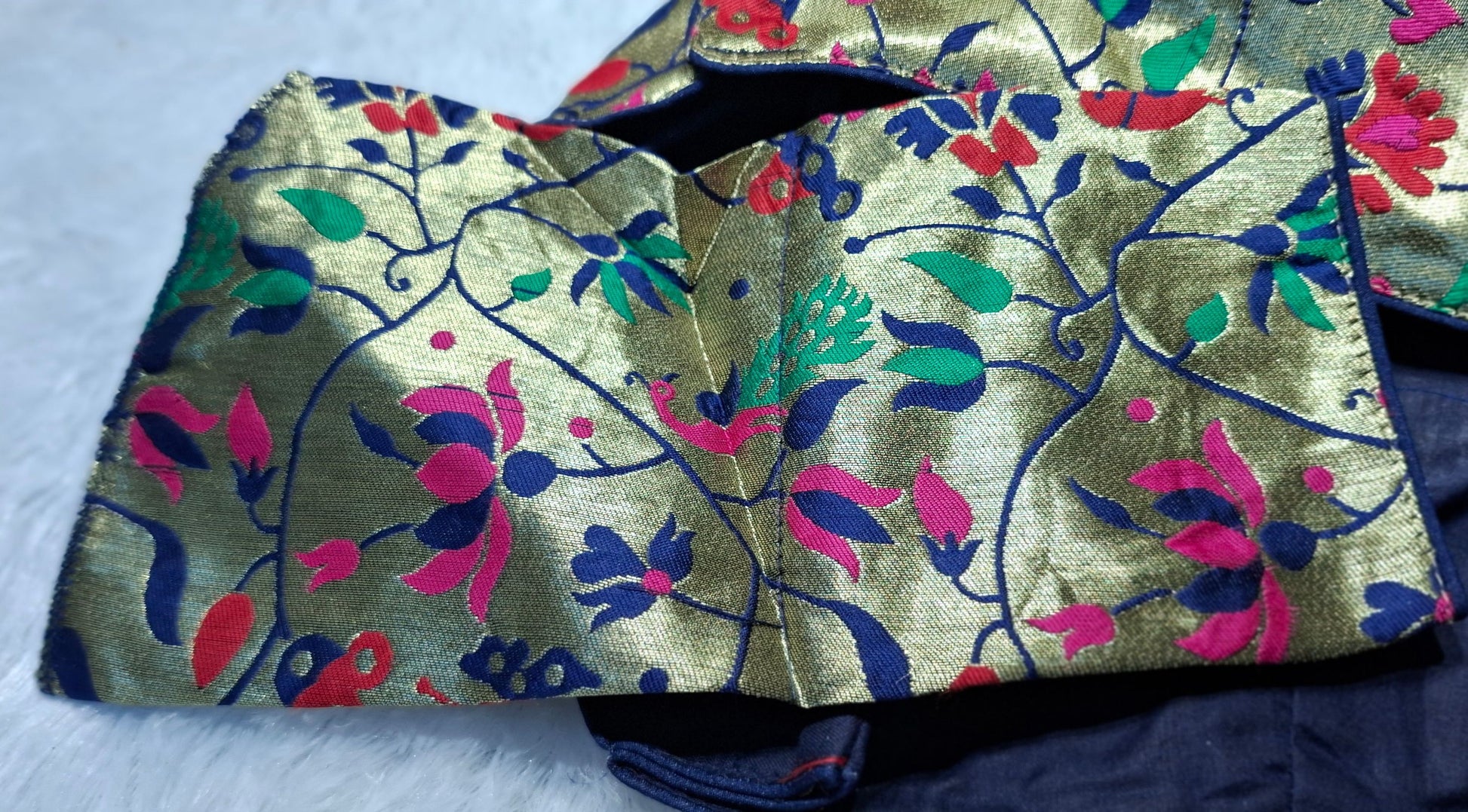 Kia Fashions Navy Blue Jacquard Weave Multi Color Paithani Readymade Blouse 