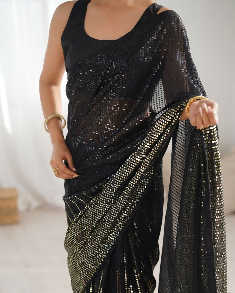 Black Georgette Designer Sequence Embroidery Work Saree - Sitare
