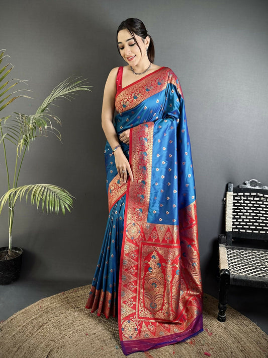 Joban Fashion Blue Intricate Motifs Soft Silk Banarasi Saree