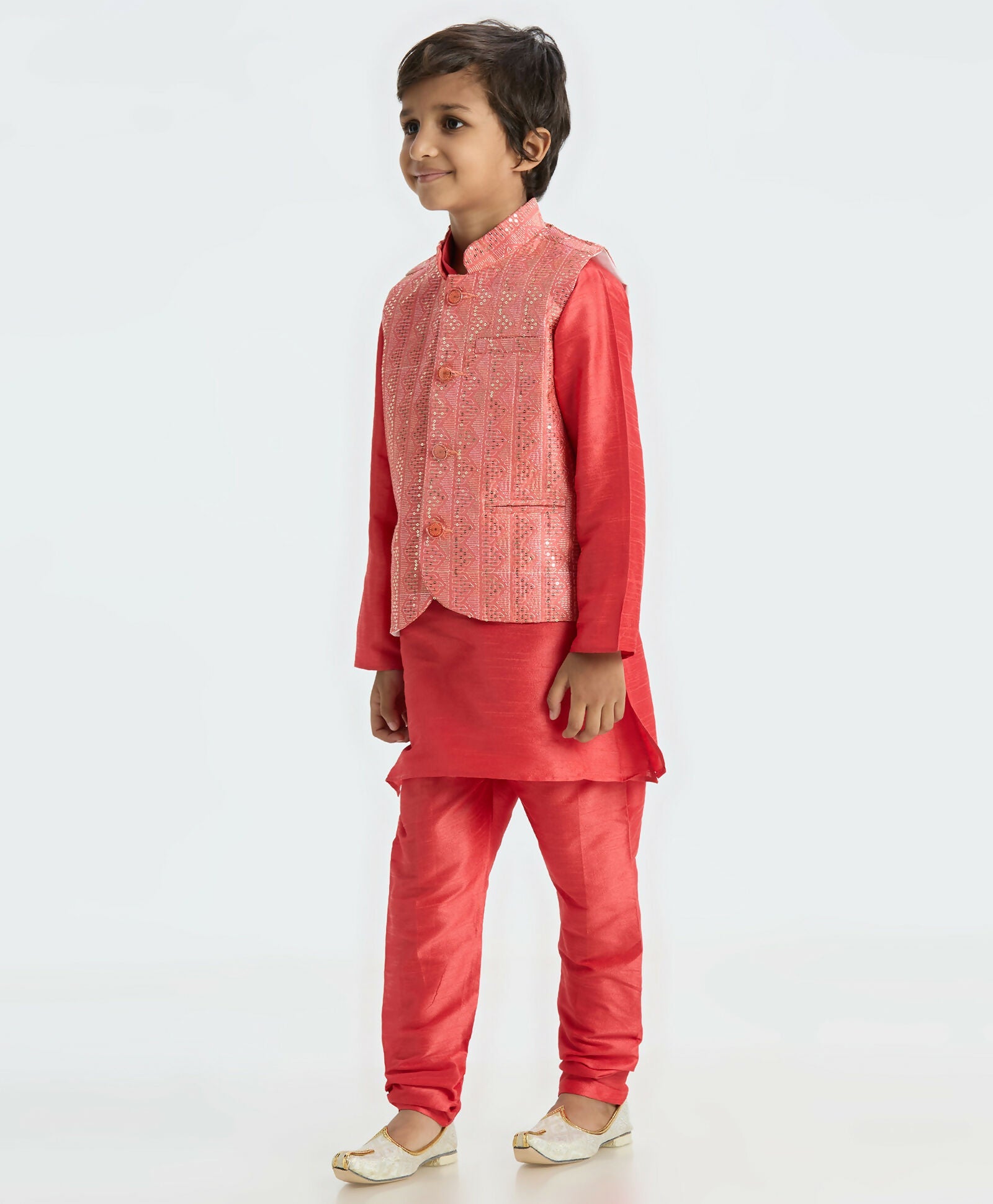 Joban Fashion Kids Island Sequence work Nehru Jacket Full Sleeves Kurta, Pajama Set - Tomato Red