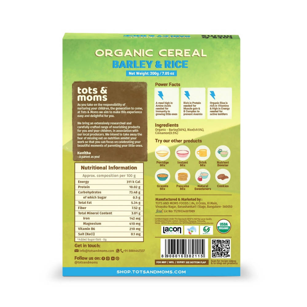 Tots and Moms Organic Cereal Barley & Rice Cereal - Grab2buy