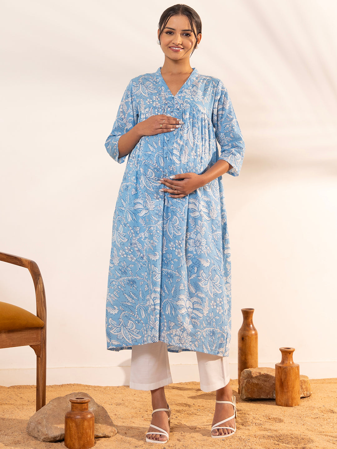 Janasya Sky Blue Cotton Floral Printed Casual Maternity Kurta 