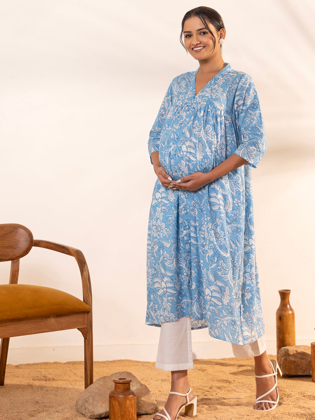 Janasya Sky Blue Cotton Floral Printed Casual Maternity Kurta 
