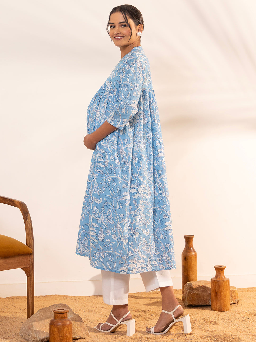 Janasya Sky Blue Cotton Floral Printed Casual Maternity Kurta 