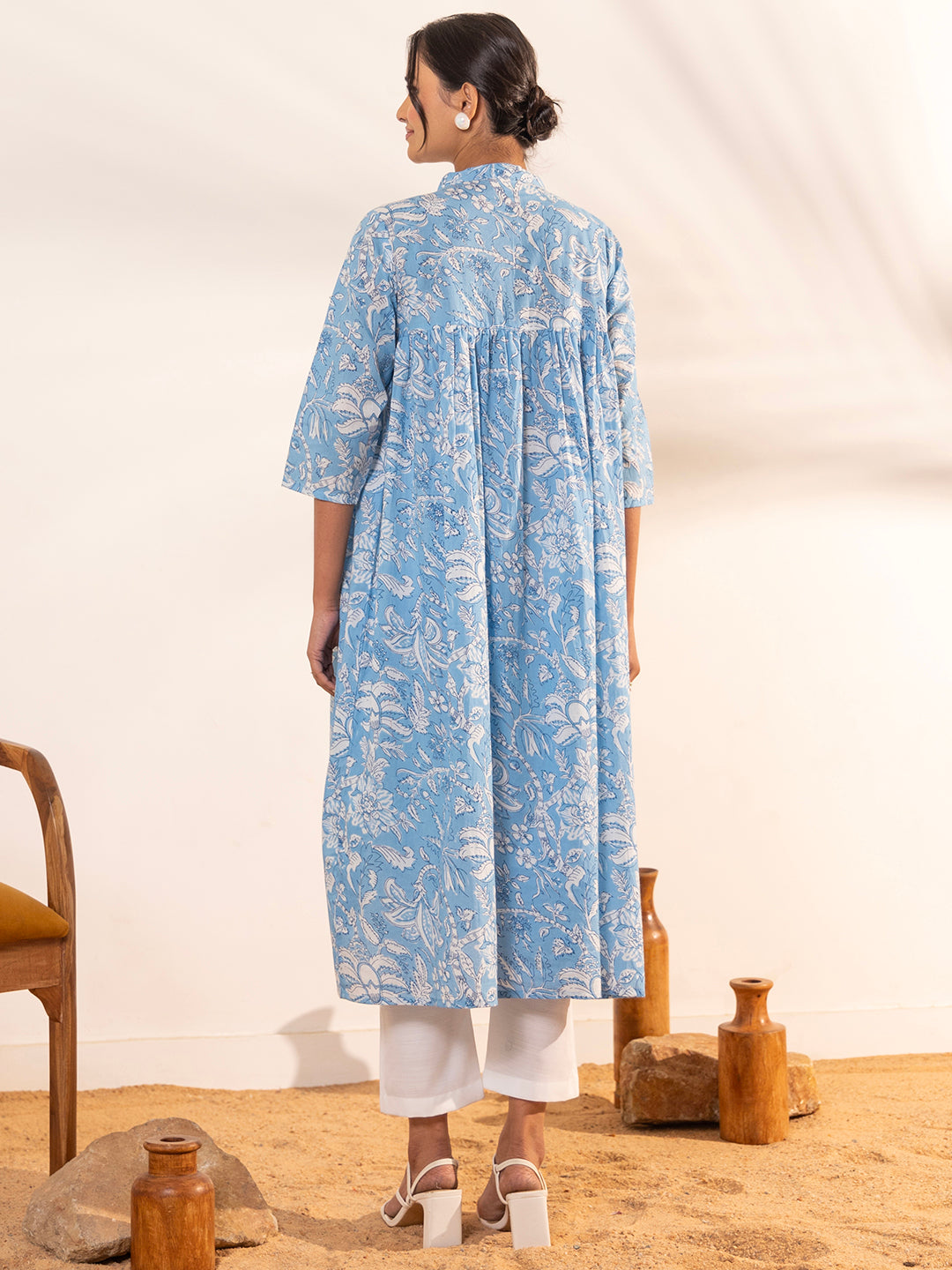 Janasya Sky Blue Cotton Floral Printed Casual Maternity Kurta 