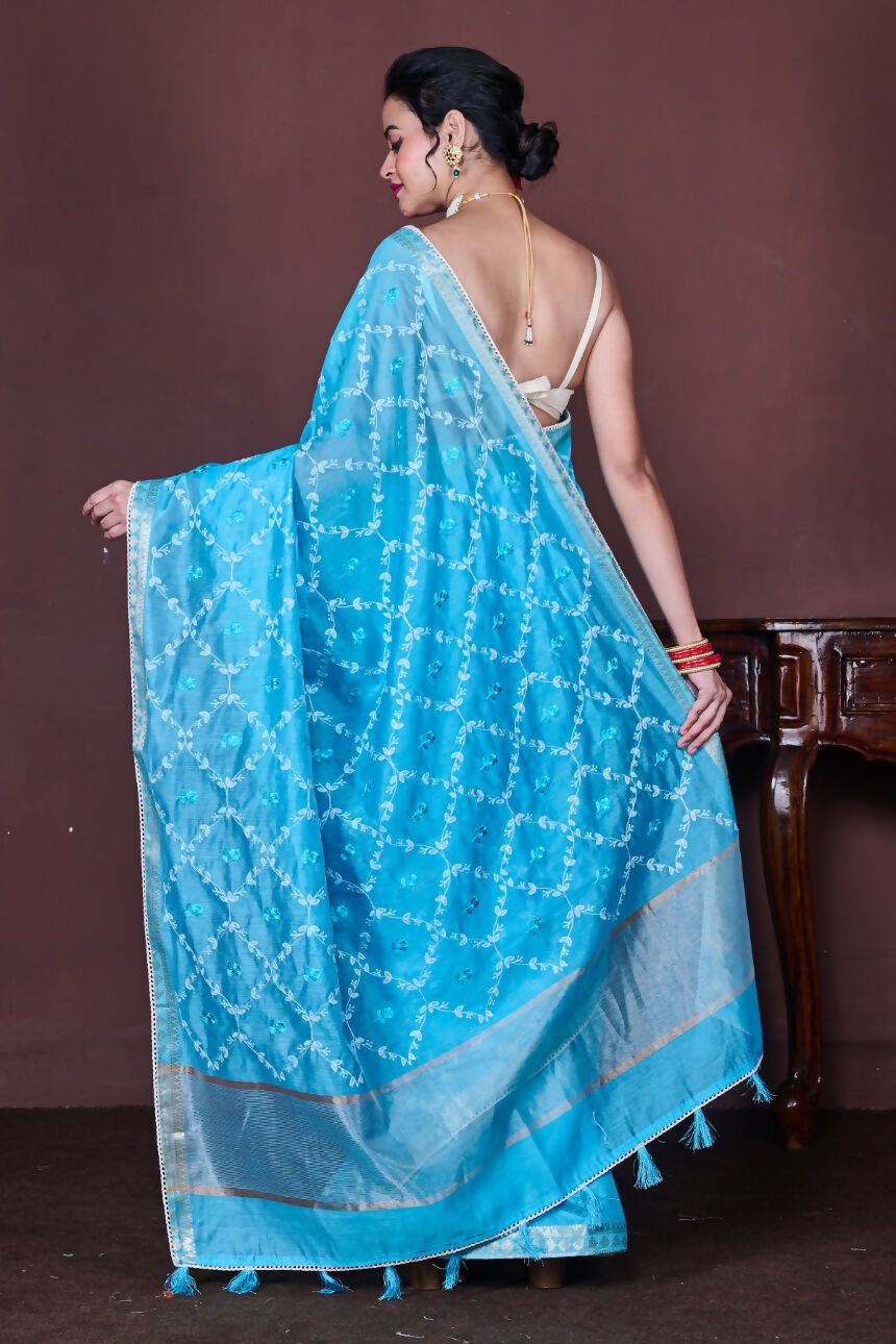 Morchari Sky Blue Cotton Chanderi Embroidery Saree Unstitched Blouse