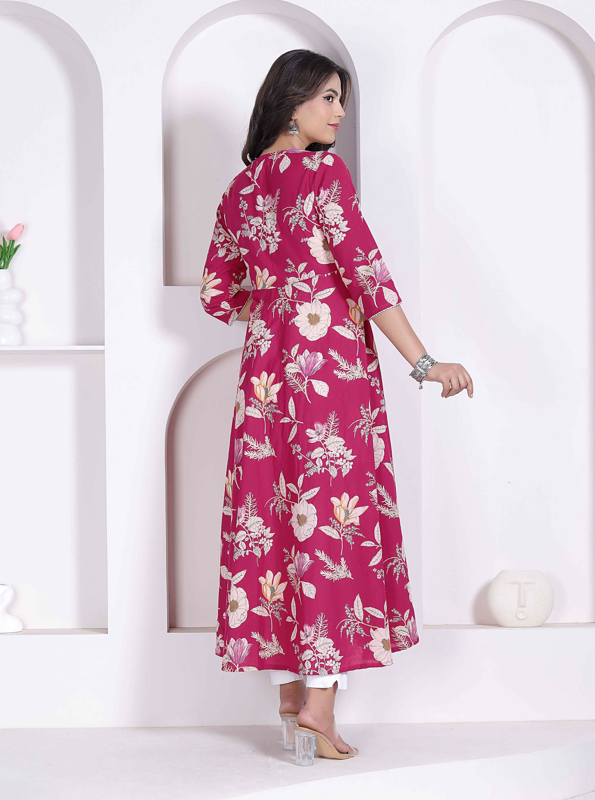 Miravan Womens Pink Floral Printed Angrakha Kurta With Dupatta