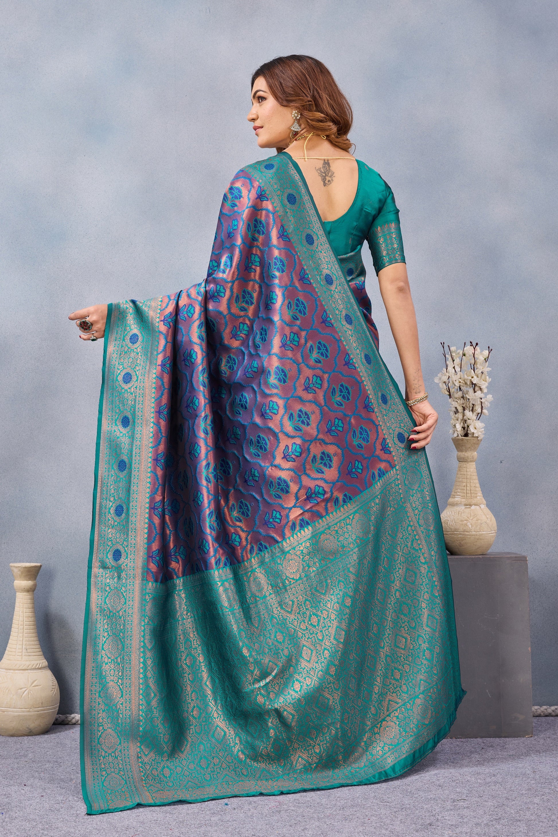 Divine International Trading Co Turquoise Soft Silk Blend Banarasi Jacuard Work Designer Party Wear Saree With Unstitched Blouse Piece