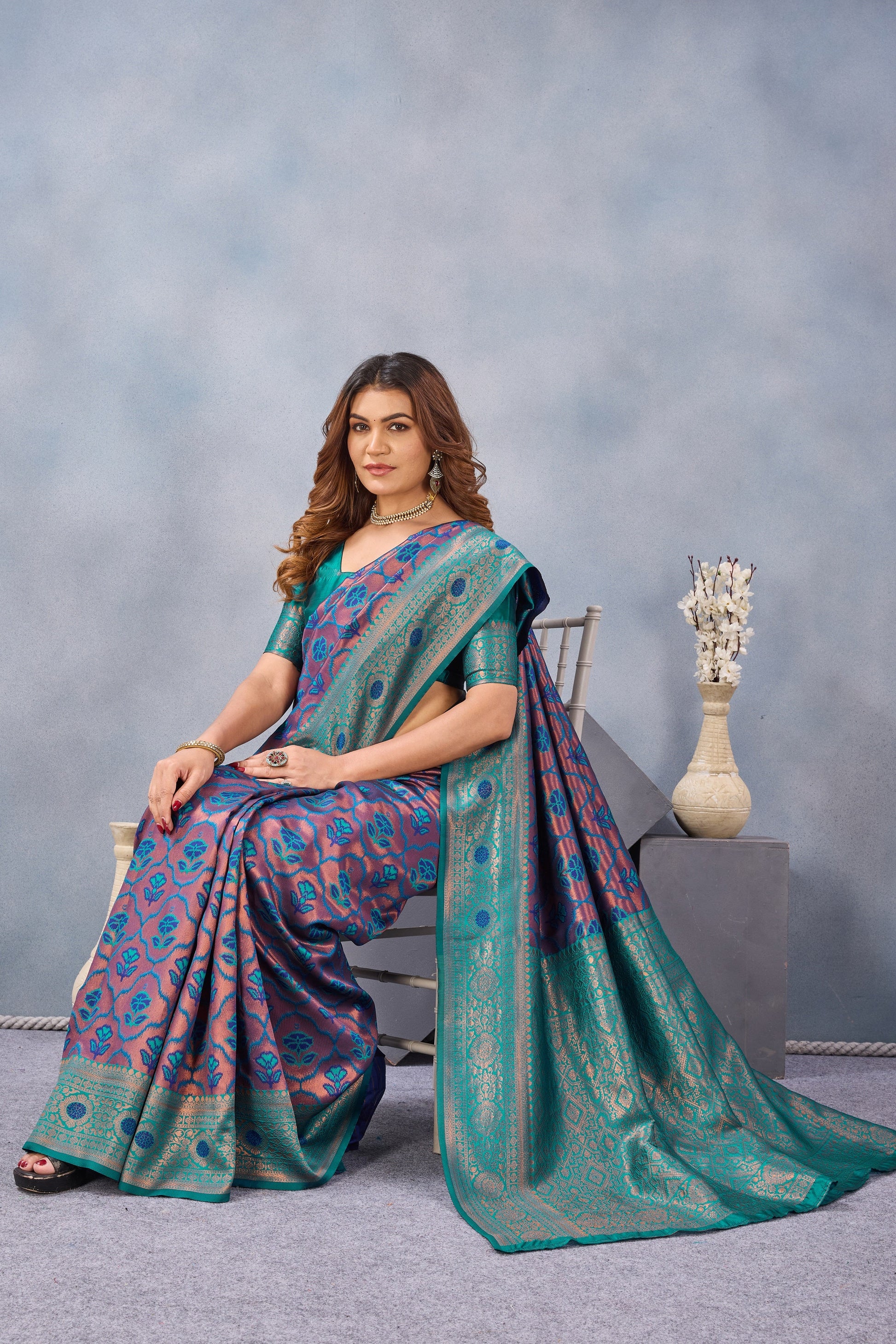Divine International Trading Co Turquoise Soft Silk Blend Banarasi Jacuard Work Designer Party Wear Saree With Unstitched Blouse Piece