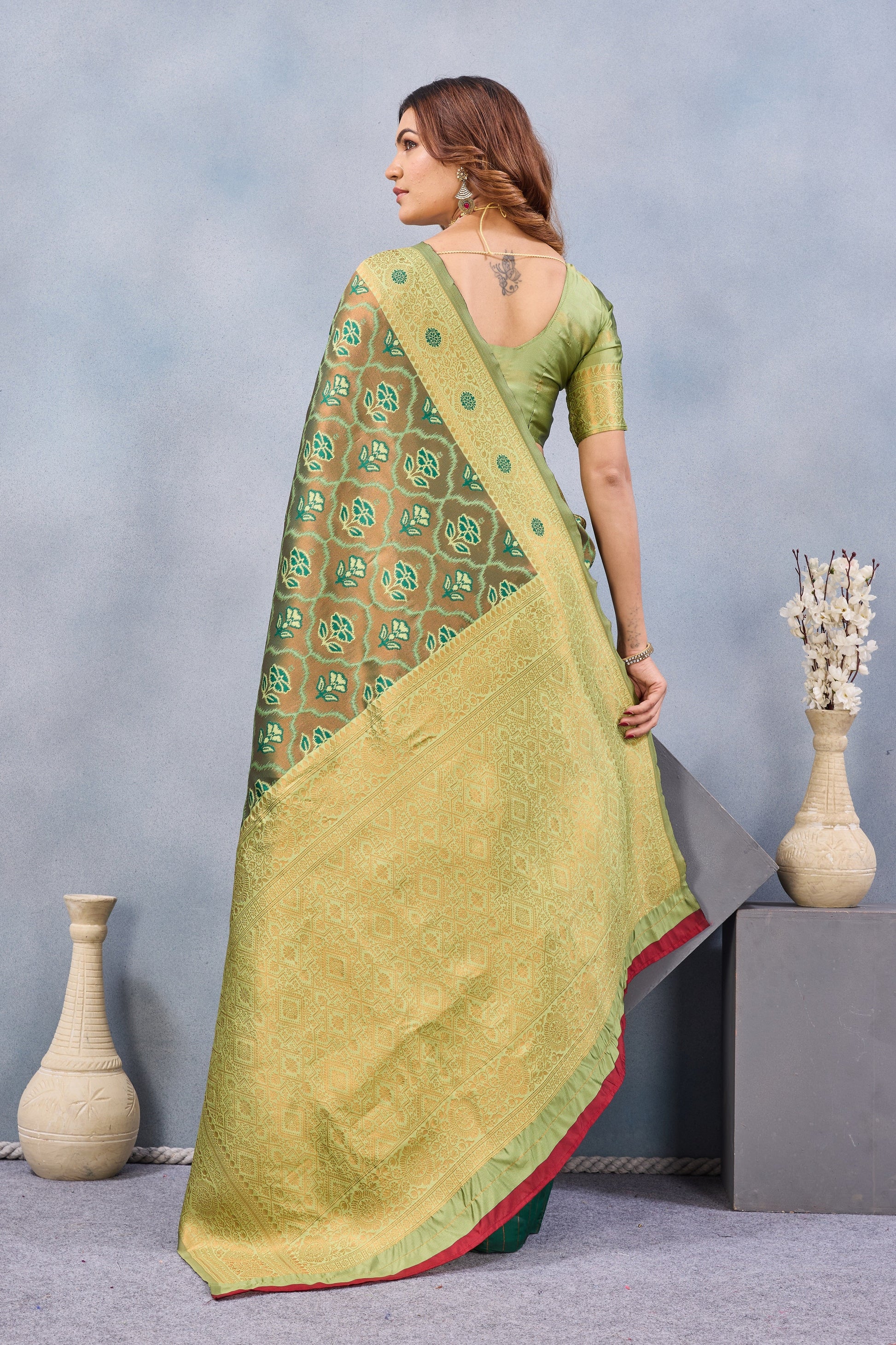 Divine International Trading Co Light Green Soft Silk Blend Banarasi Jacuard Work Designer Party Wear Saree With Unstitched Blouse Piece