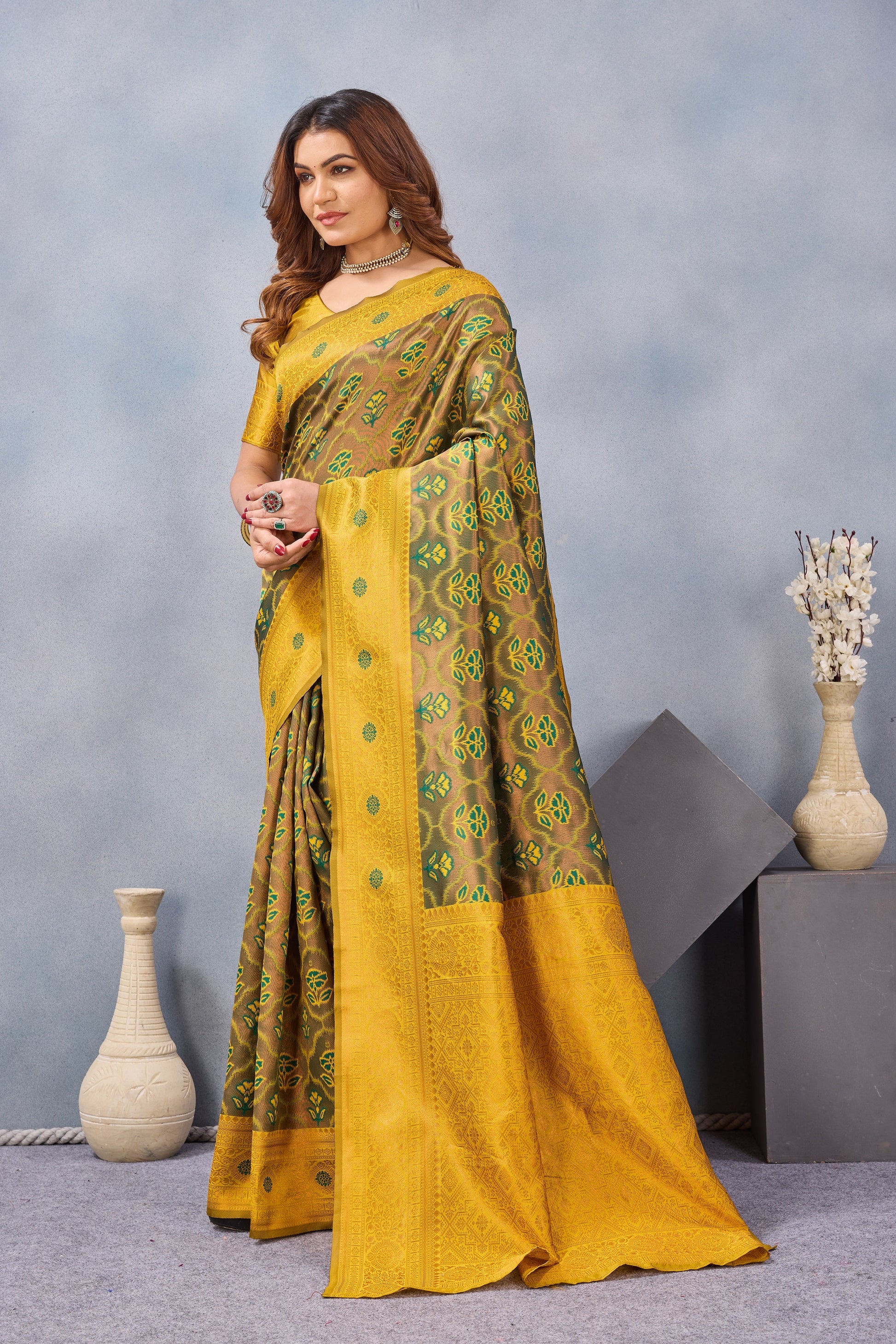 Divine International Trading Co Green Mustard Soft Silk Blend Banarasi Jacuard Work Designer Party Wear Saree With Unstitched Blouse Piece