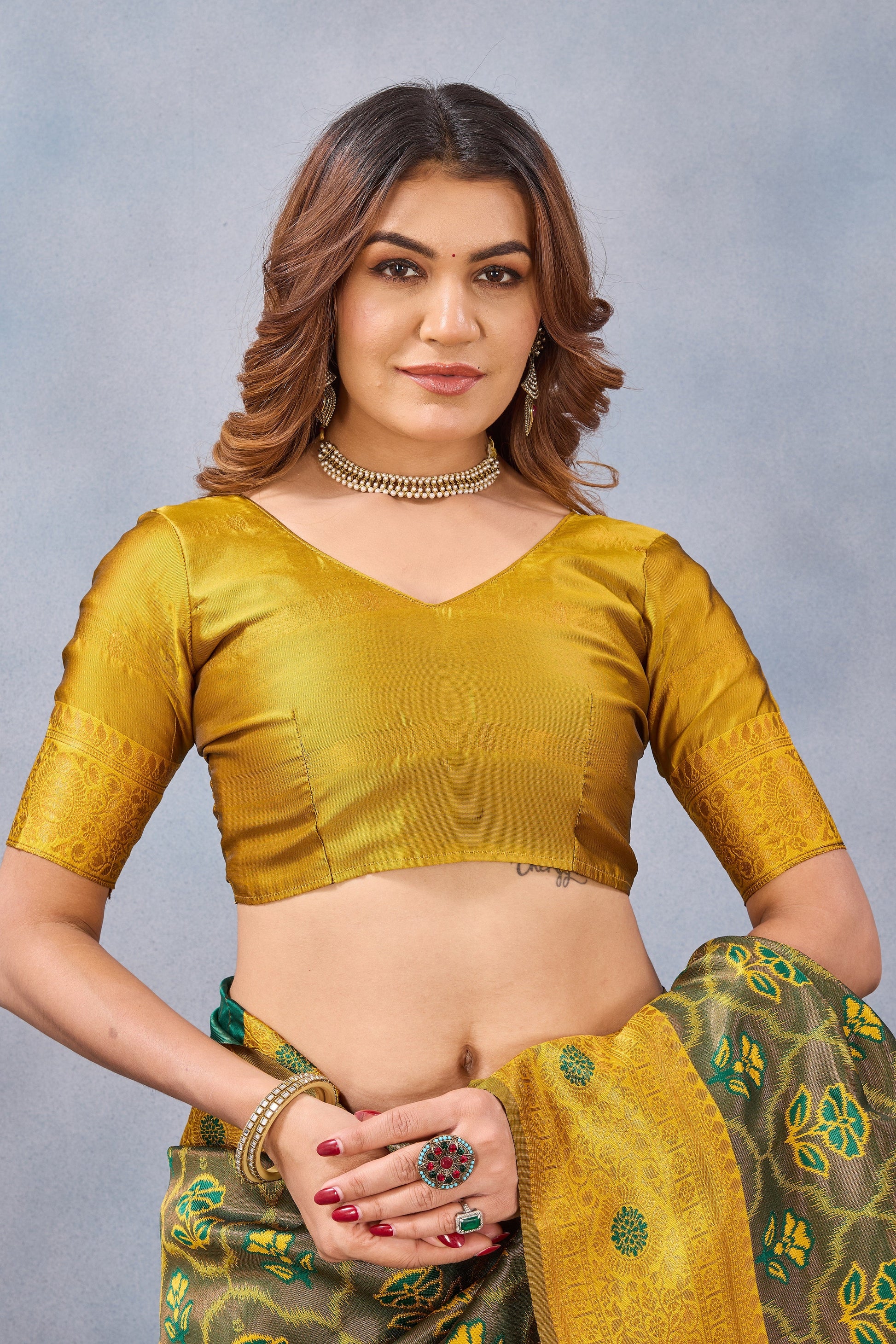Divine International Trading Co Green Mustard Soft Silk Blend Banarasi Jacuard Work Designer Party Wear Saree With Unstitched Blouse Piece