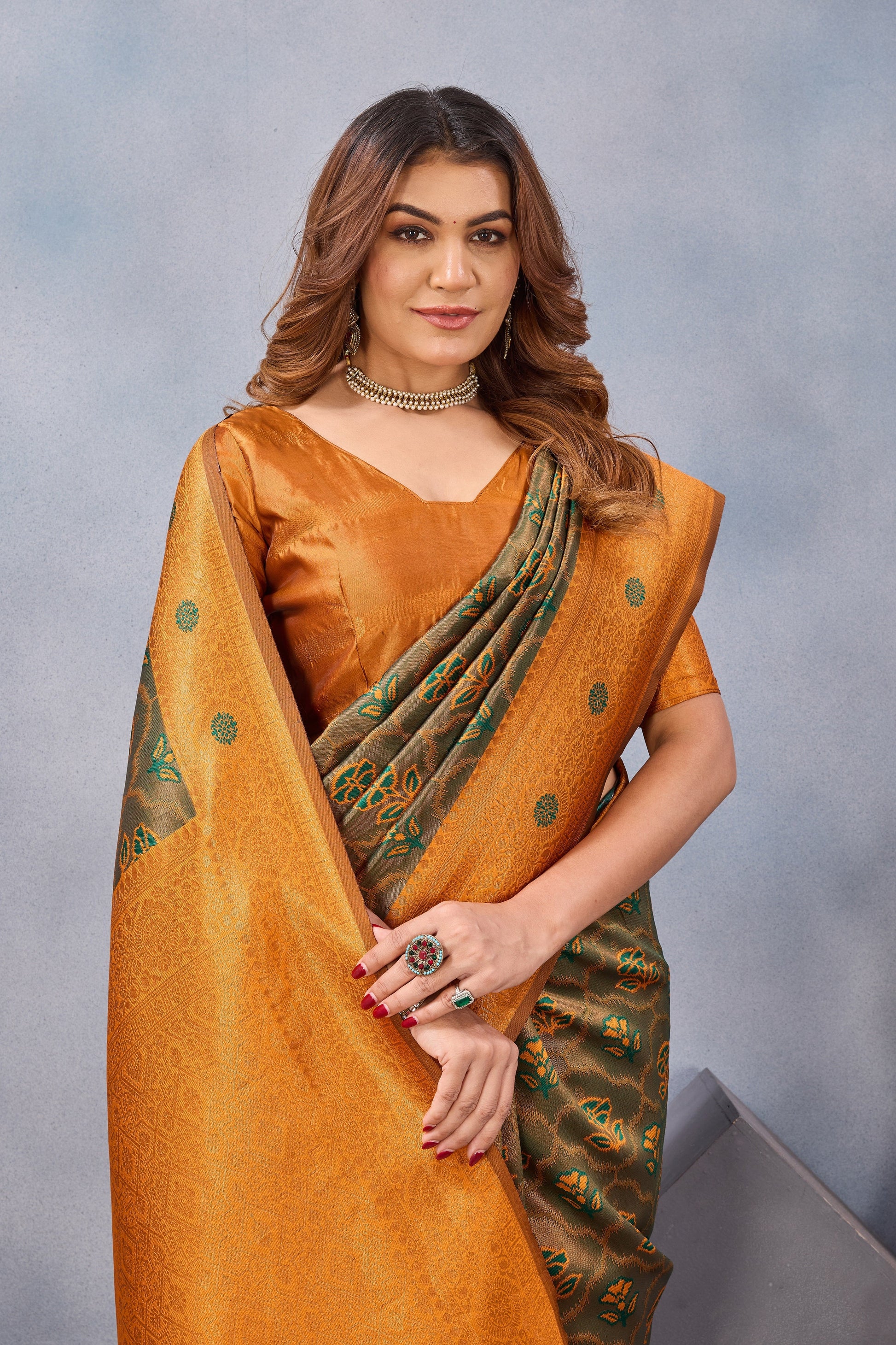 Divine International Trading Co Green Orange Soft Silk Blend Banarasi Jacuard Work Designer Party Wear Saree With Unstitched Blouse Piece
