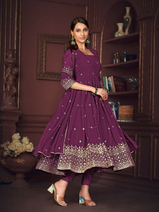 Jyoti Fashion Women's Purple Georgette Embroidered Anarkali Kurta Pant Set With Dupatta