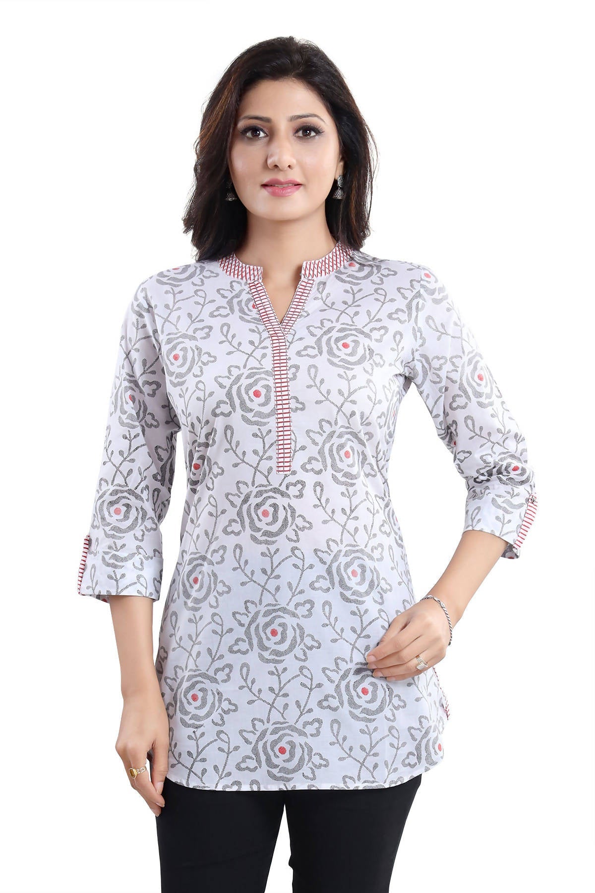 Snehal Creations Vibrant Vigour White Cotton Printed Short Tunic Top