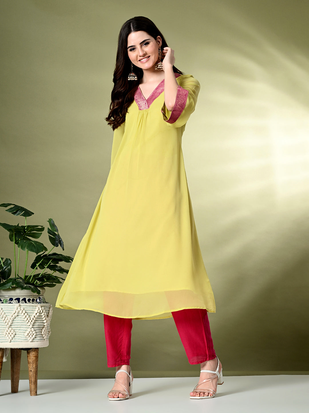 Myshka Women's Georgette Solid A-Line Kurta in Yellow Color 