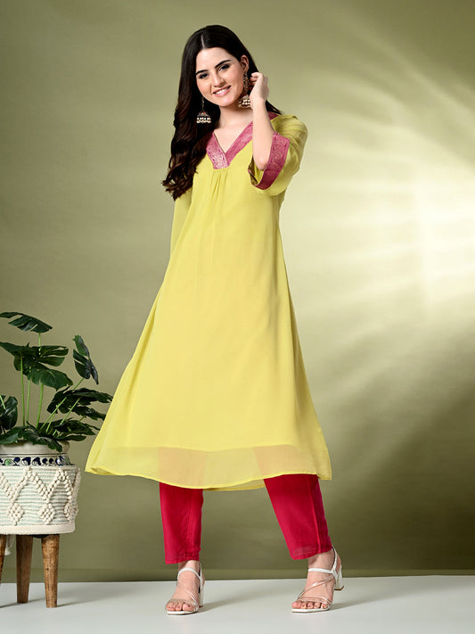 Myshka Women's Georgette Solid A-Line Kurta in Yellow Color 