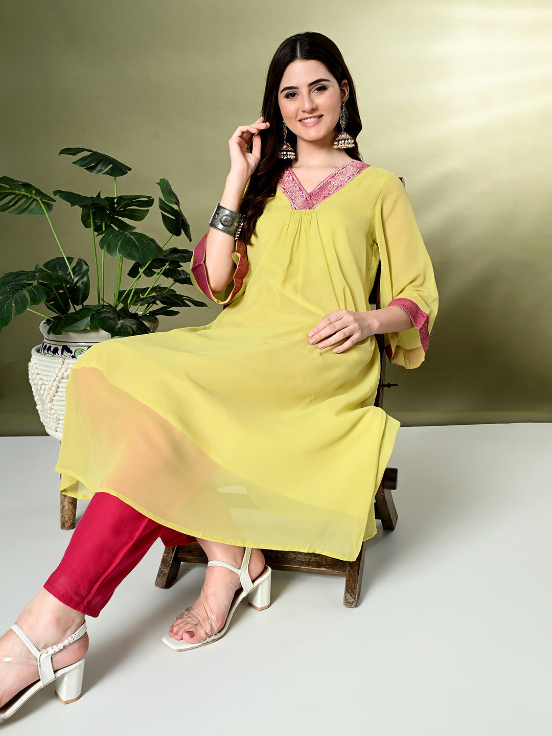 Myshka Women's Georgette Solid A-Line Kurta in Yellow Color 