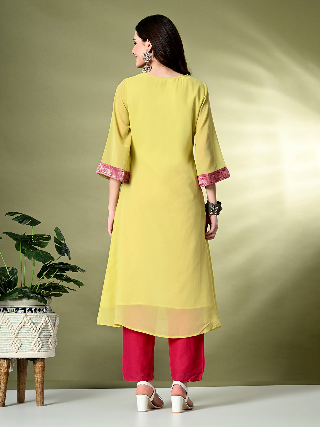Myshka Women's Georgette Solid A-Line Kurta in Yellow Color 