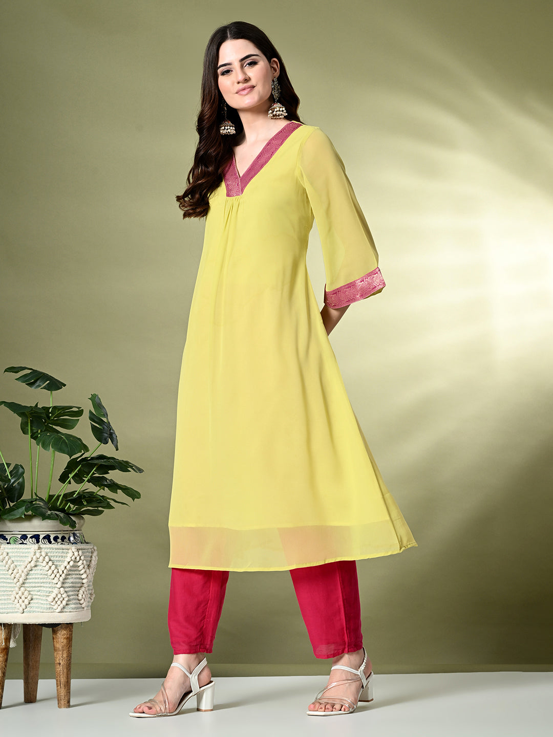 Myshka Women's Georgette Solid A-Line Kurta in Yellow Color 