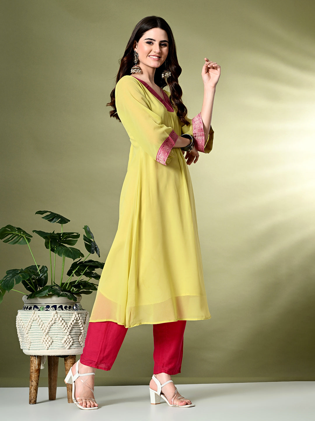 Myshka Women's Georgette Solid A-Line Kurta in Yellow Color 