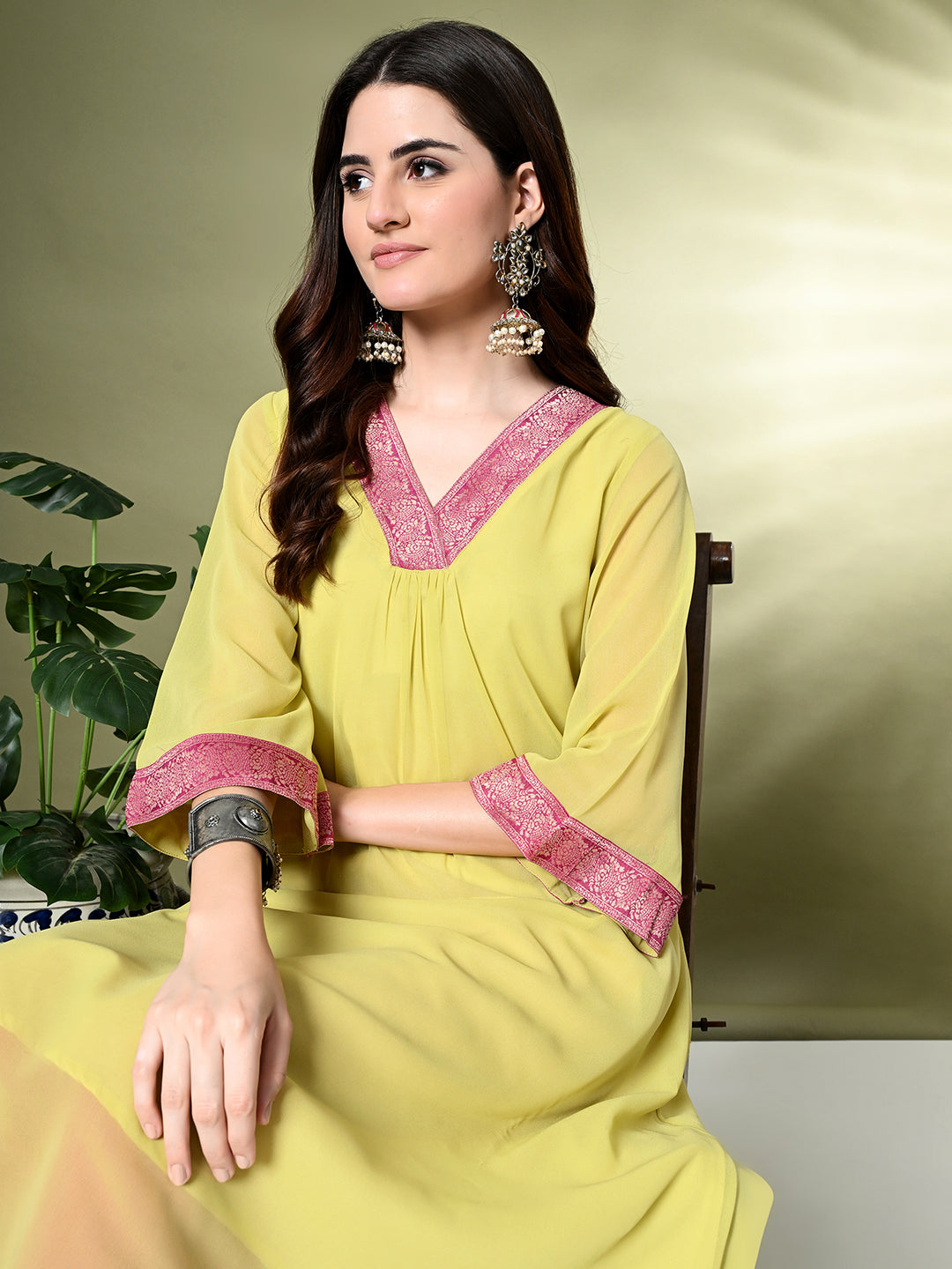Myshka Women's Georgette Solid A-Line Kurta in Yellow Color 