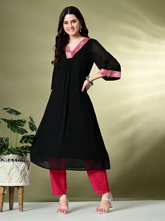 Myshka Women's Georgette Solid A-Line Kurta in Black Color 