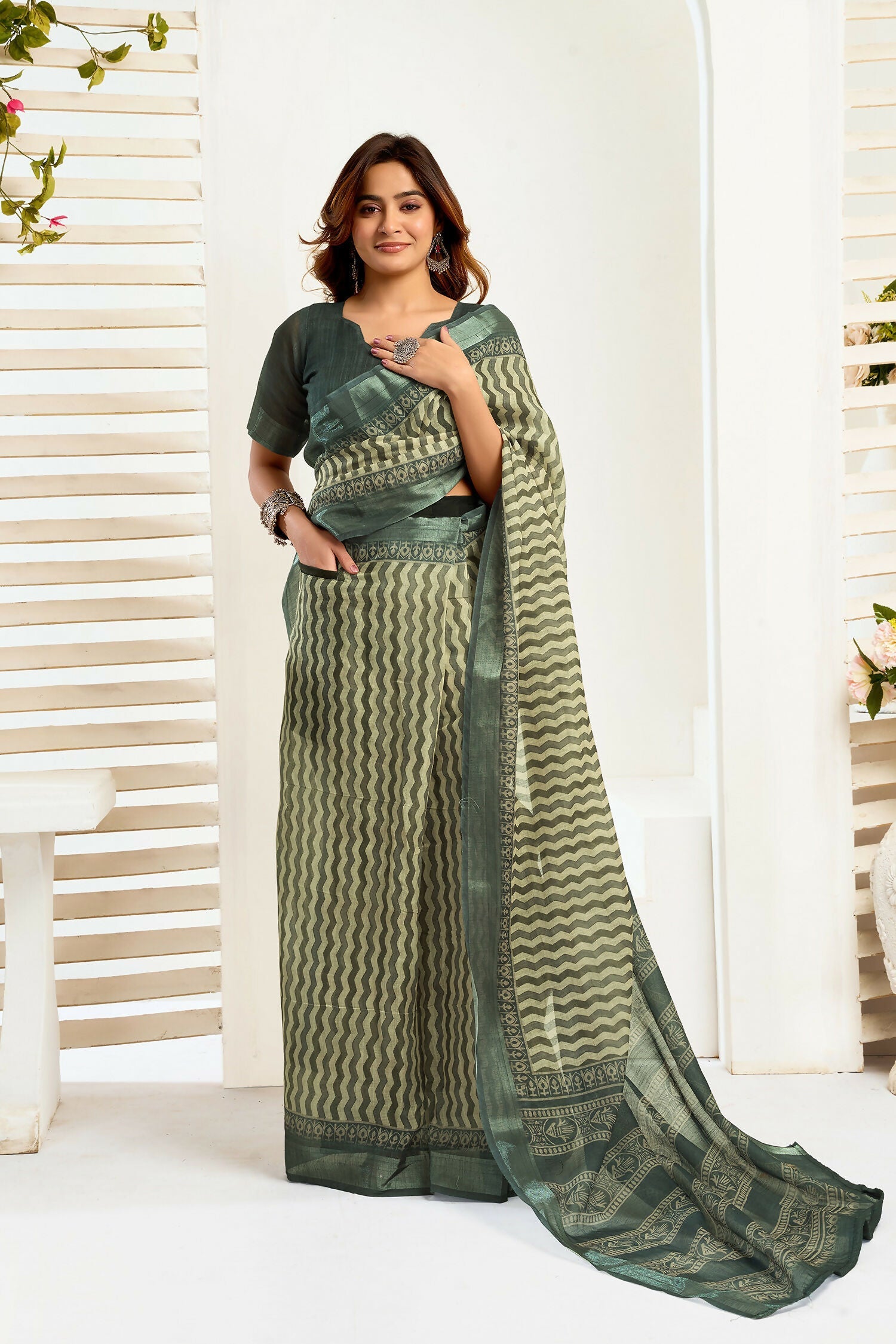 Joban Fashion Cream Zig Zag & Chevron Linen Ready To Wear Saree With Unstitched Blouse