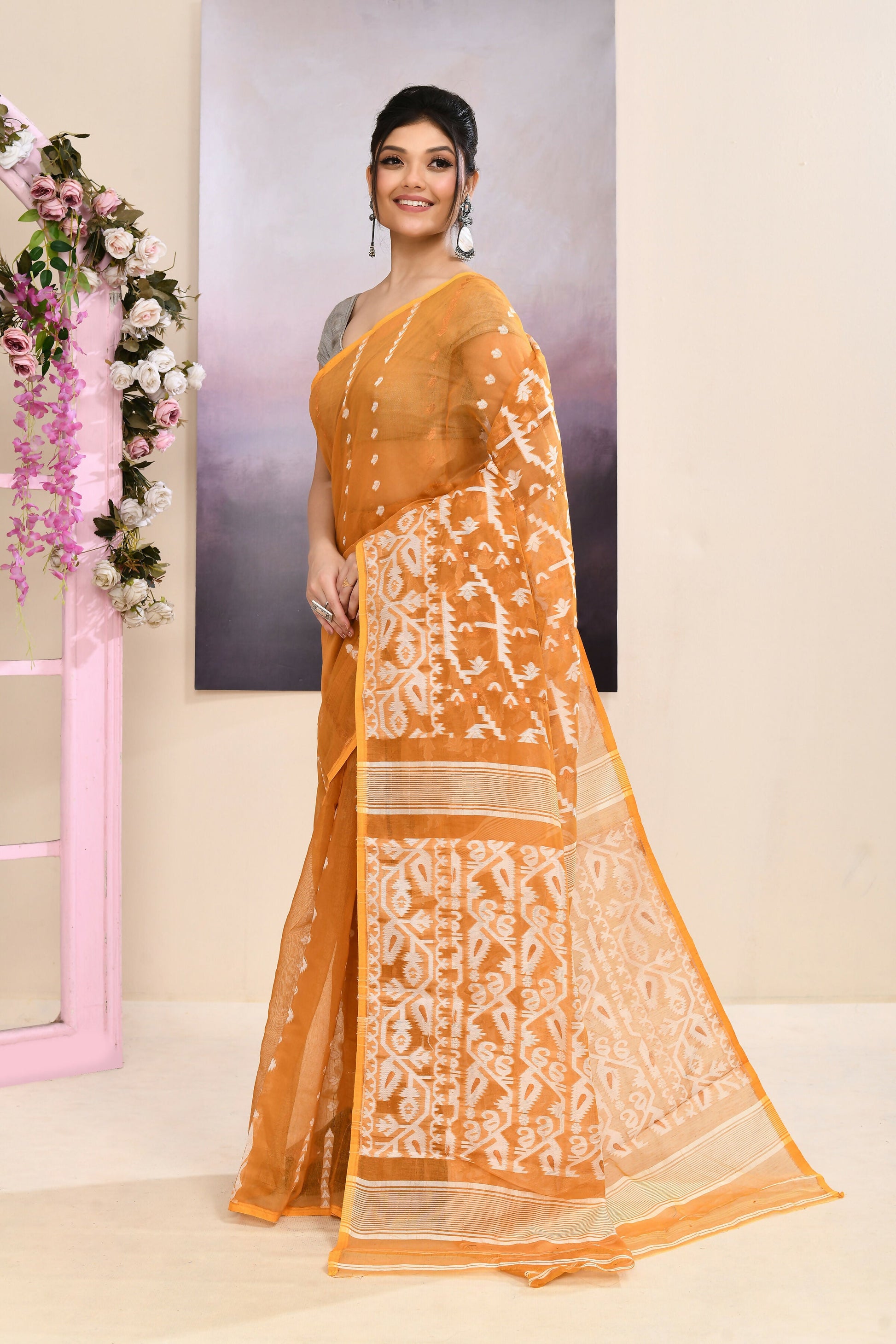 Piyari Fashion Women's Mustard Embellished Cotton Blend Jamdani Saree