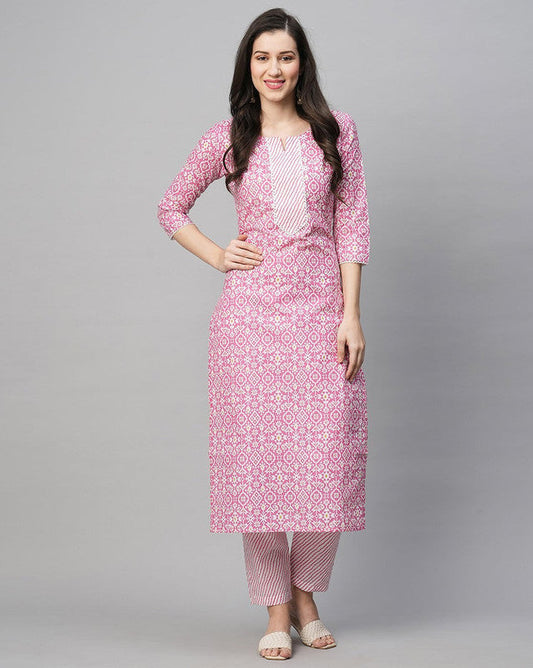 Malishka Women's Printed Pink Cotton Blend Kurta Pant Set - Pink | Grab2Buy