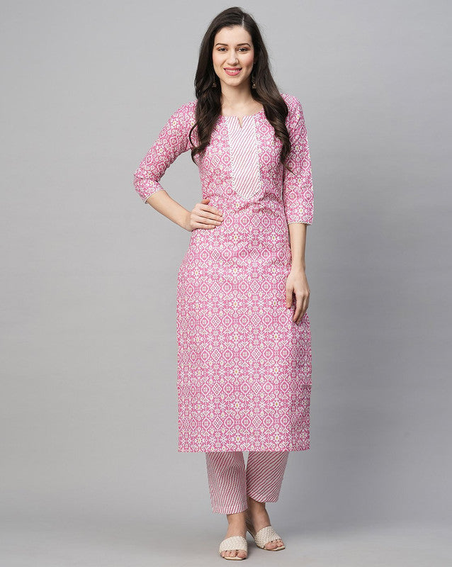 Malishka Women's Printed Pink Cotton Blend Kurta Pant Set - Pink - Malishka