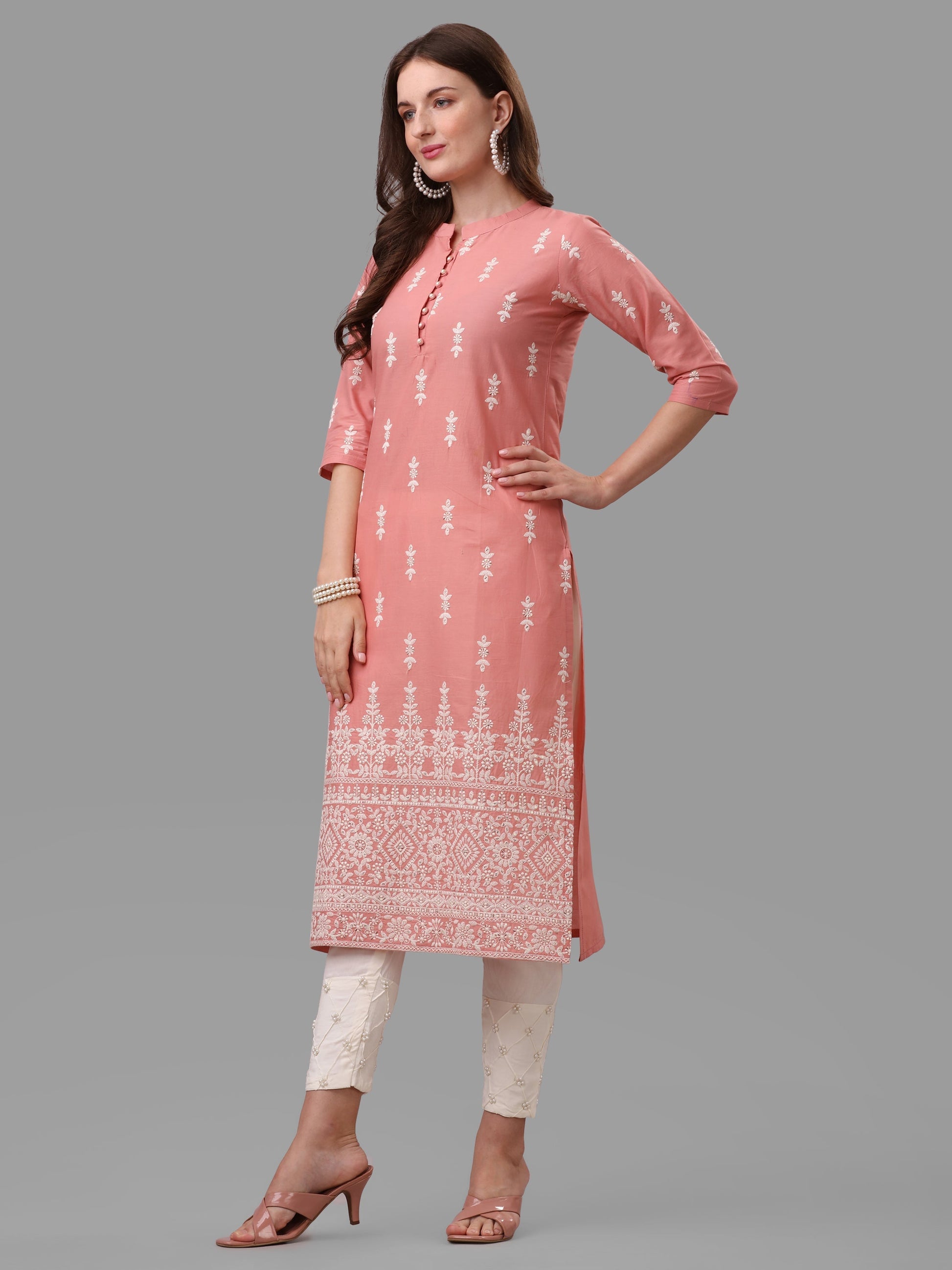 Ethnic Motif& Mandarin Collar Kurta With Cotton Pant Set, Multicolor - Hiral Fashion