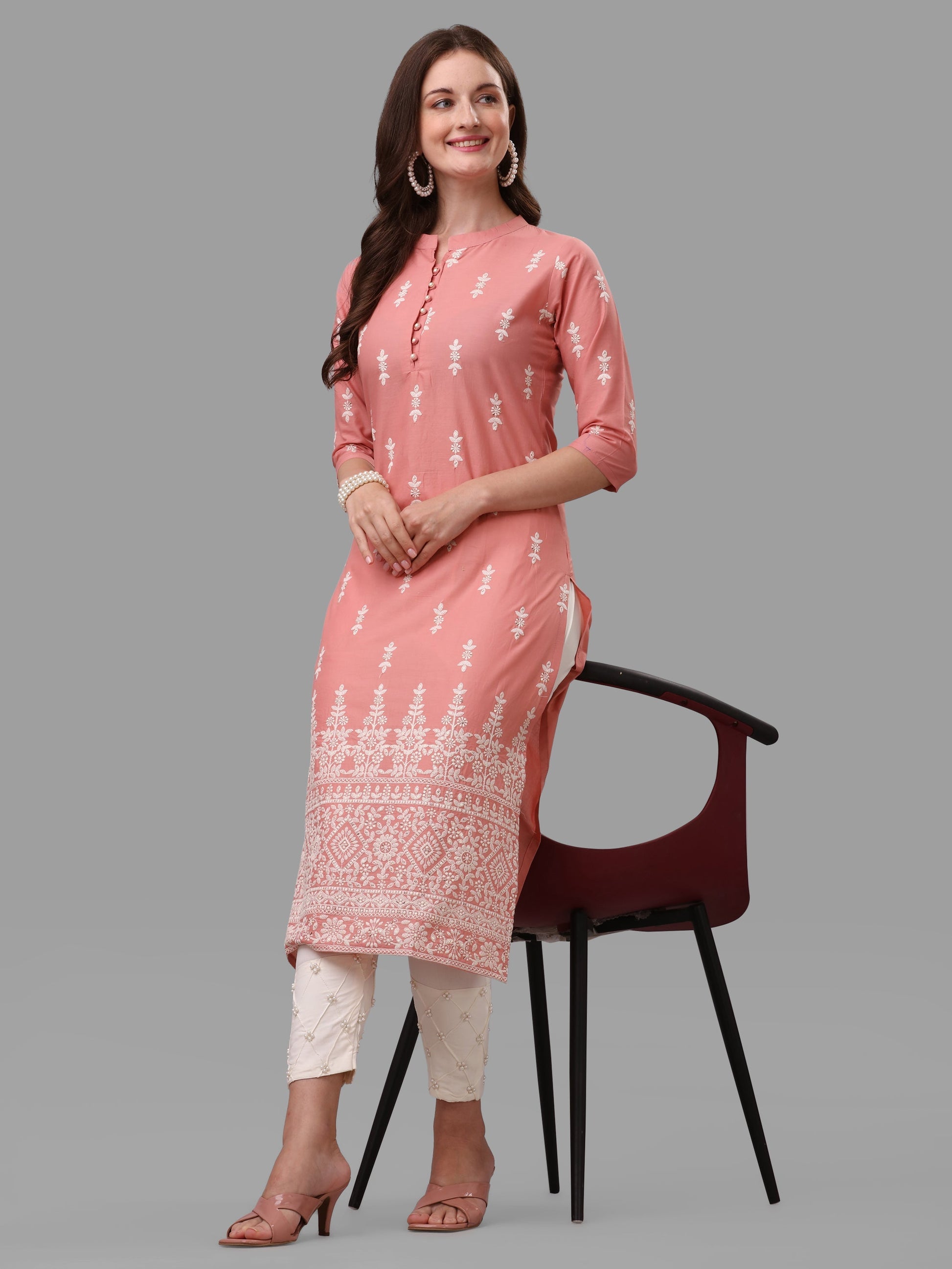 Ethnic Motif& Mandarin Collar Kurta With Cotton Pant Set, Multicolor - Hiral Fashion