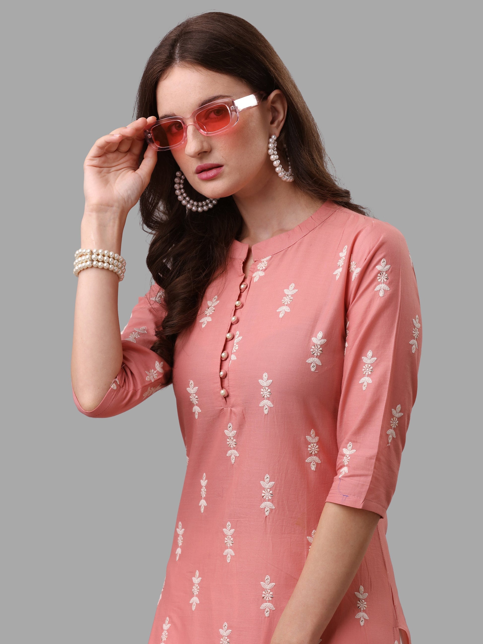 Ethnic Motif& Mandarin Collar Kurta With Cotton Pant Set, Multicolor - Hiral Fashion