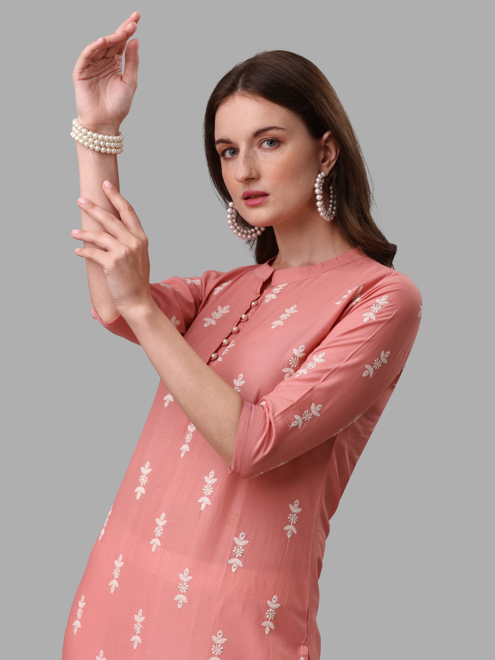 Ethnic Motif& Mandarin Collar Kurta With Cotton Pant Set, Multicolor - Hiral Fashion
