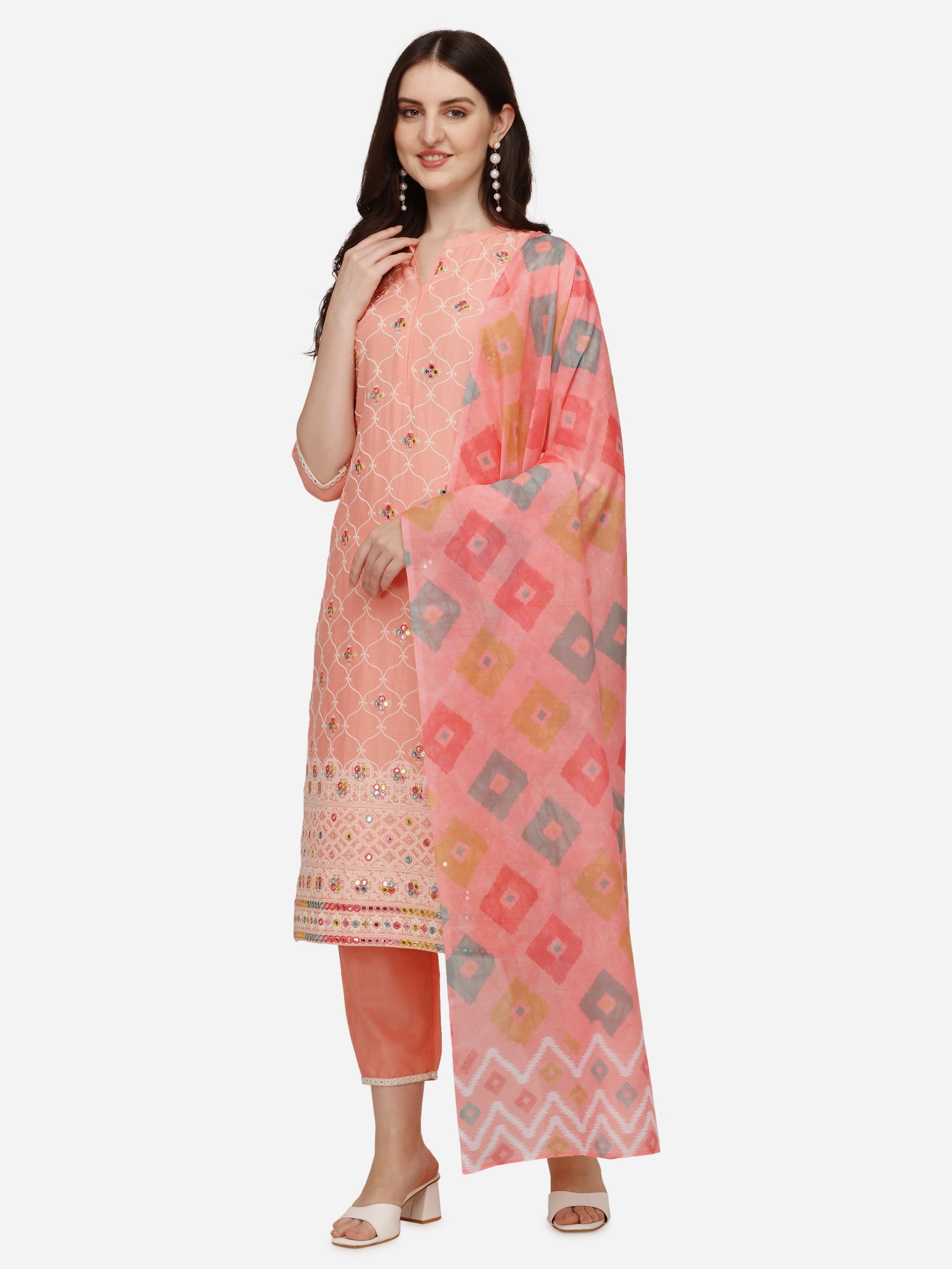 Lucknawi Embroidered Kurta With Pant & Dupatta, Multicolor - Hiral Fashion
