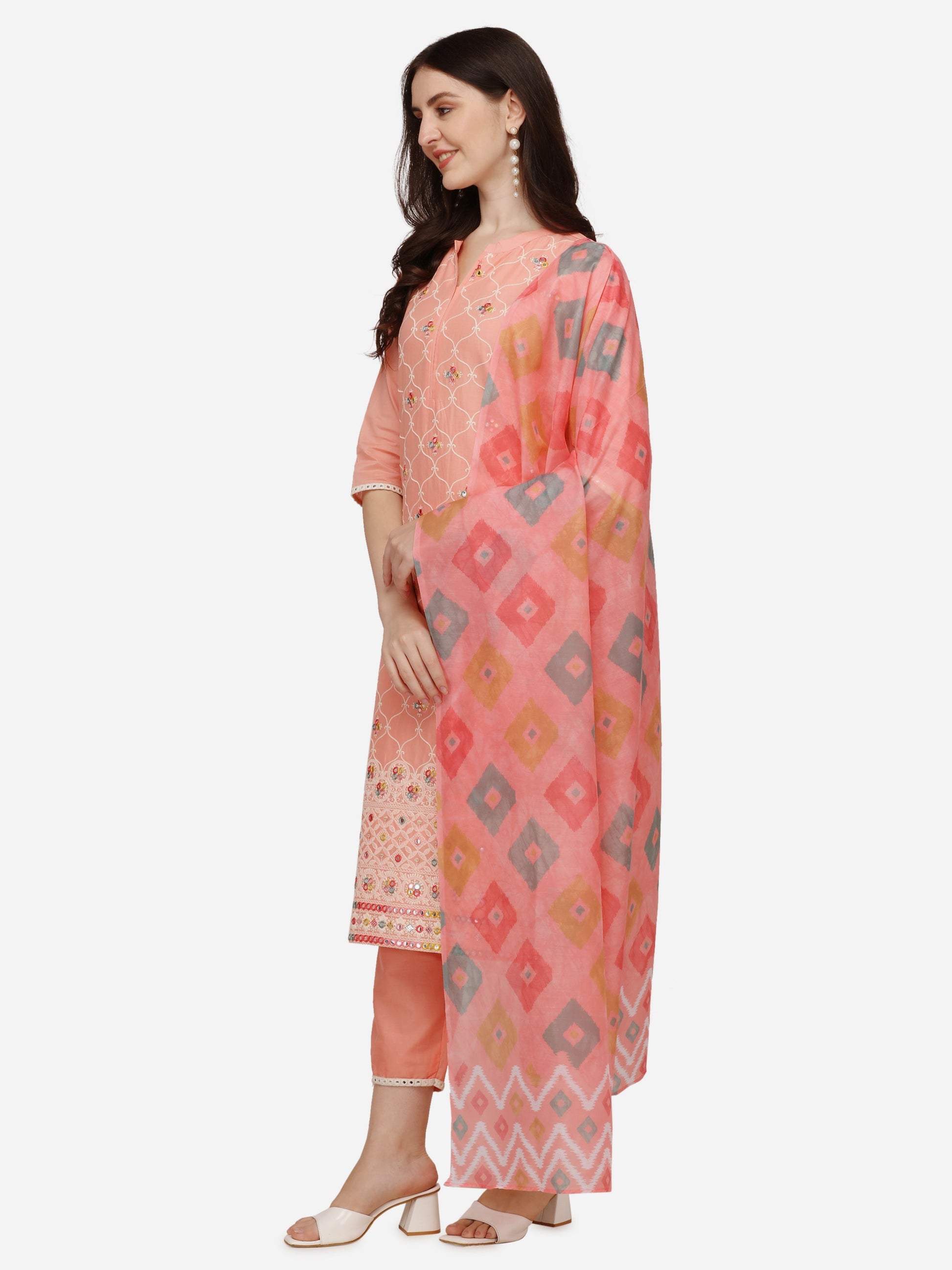 Lucknawi Embroidered Kurta With Pant & Dupatta, Multicolor - Hiral Fashion