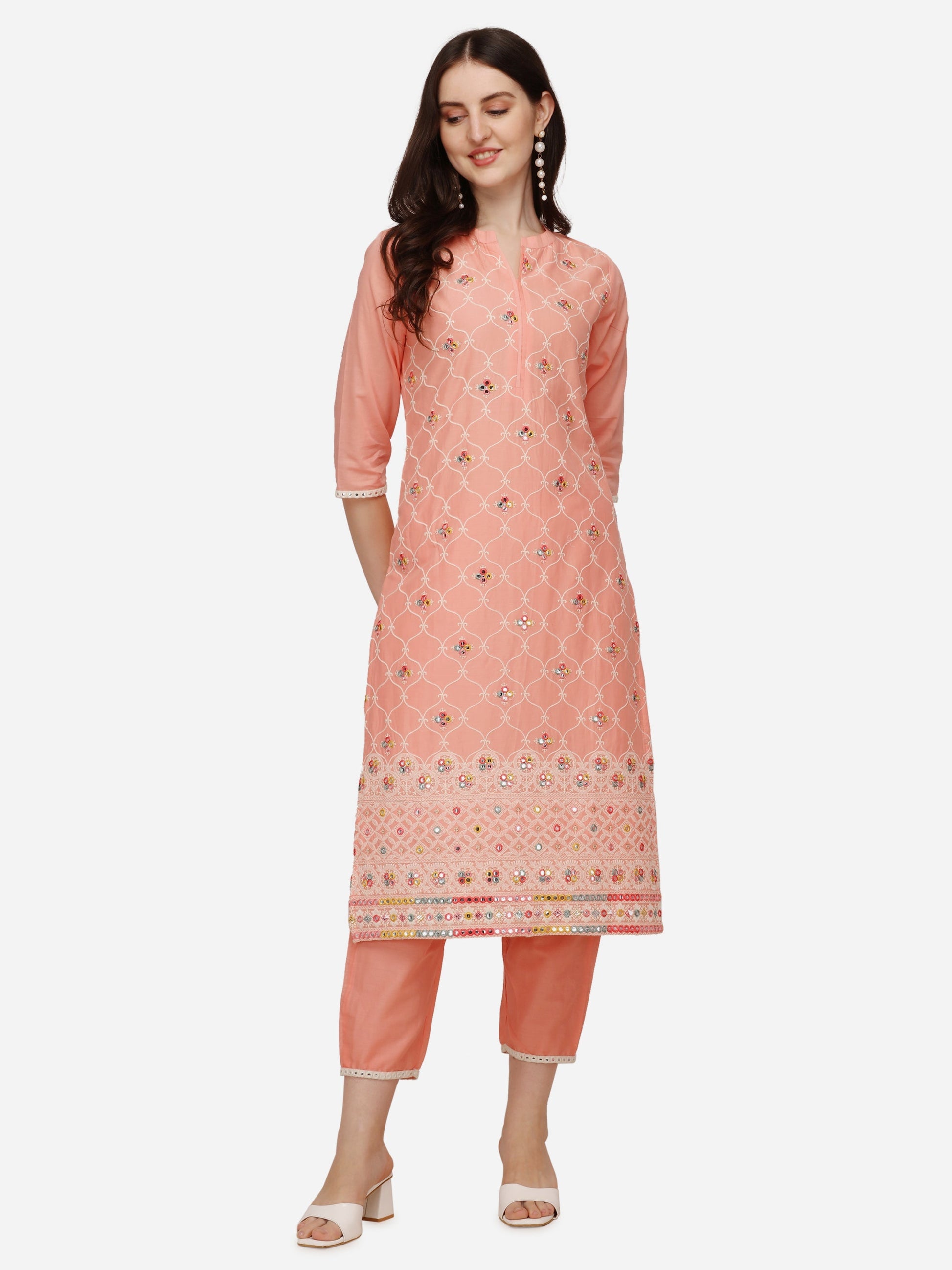 Lucknawi Embroidered Kurta With Pant & Dupatta, Multicolor - Hiral Fashion