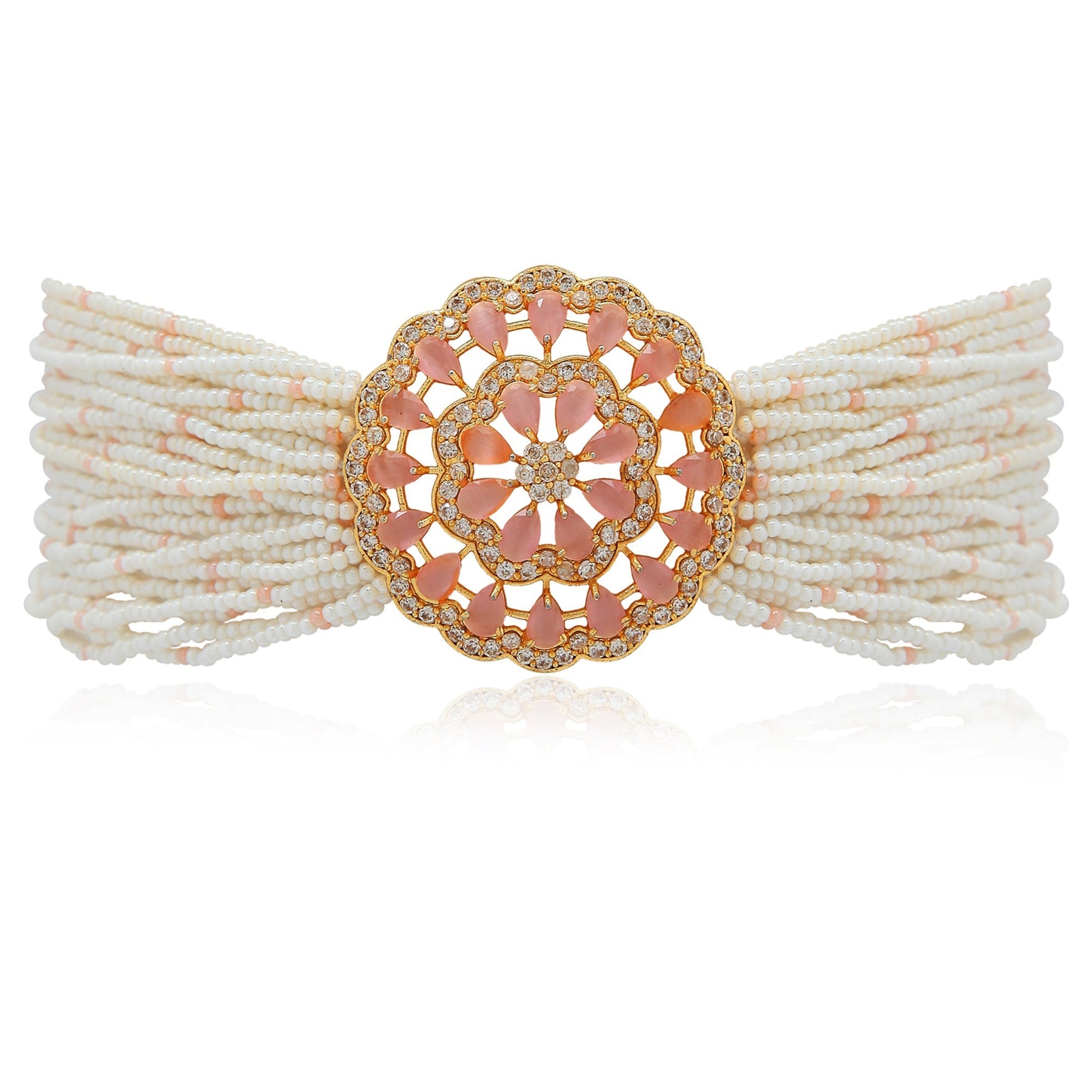 Gold-Polished Traditional CZ Crystal Studded Pearl Choker Necklace Jewellery Set for Women - Wahe Jewels Noz2Toz