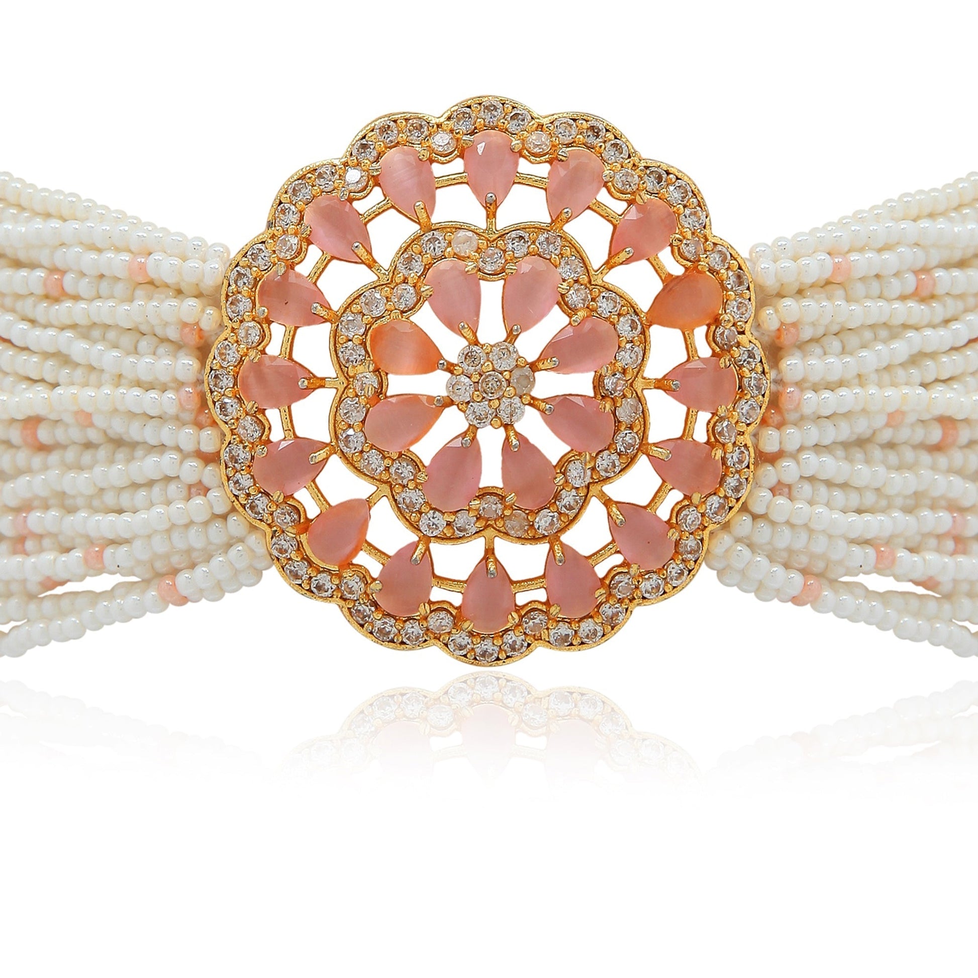 Gold-Polished Traditional CZ Crystal Studded Pearl Choker Necklace Jewellery Set for Women - Wahe Jewels Noz2Toz