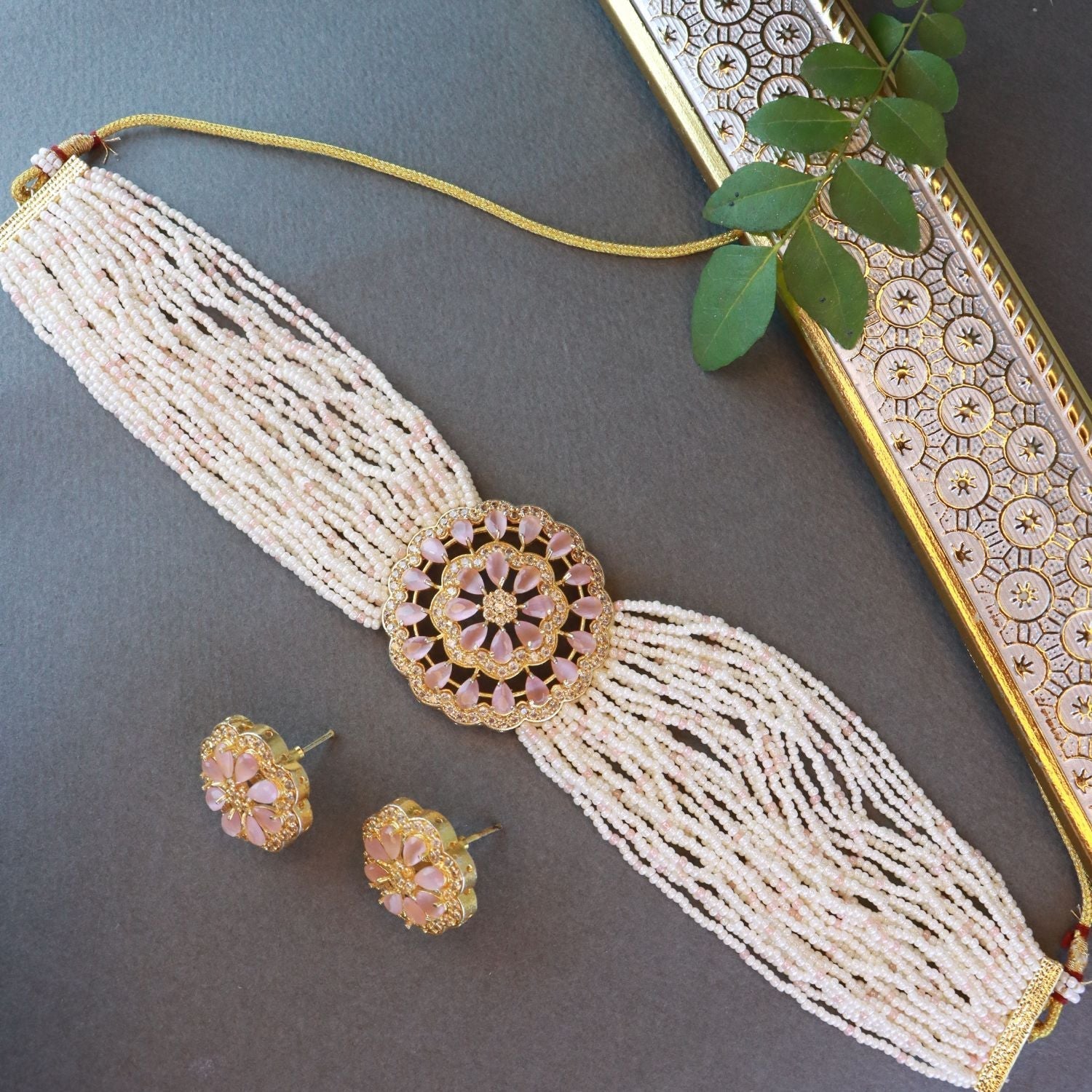 Gold-Polished Traditional CZ Crystal Studded Pearl Choker Necklace Jewellery Set for Women - Wahe Jewels Noz2Toz