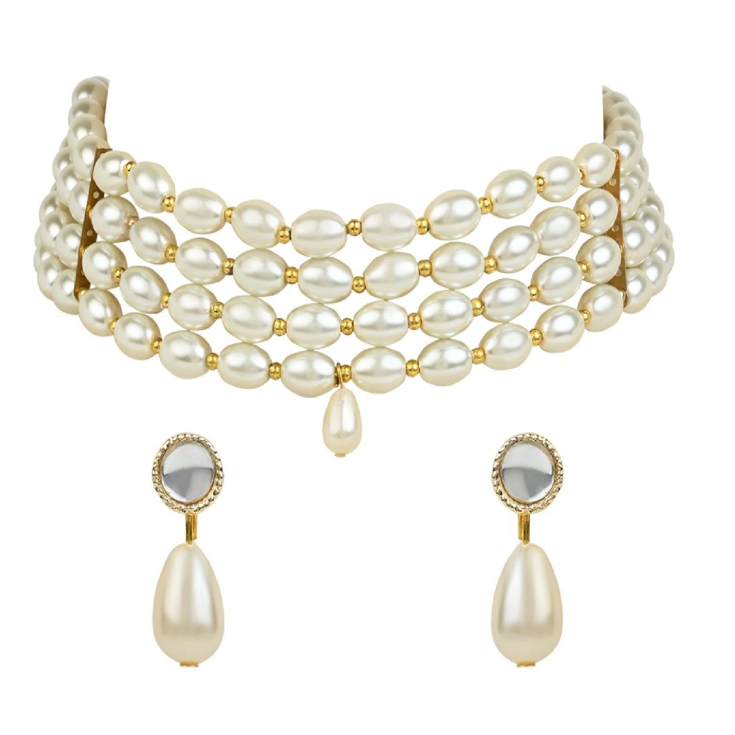 Gold-Polished Traditional Pearl Beaded Stylish Moti Choker Necklace Jewellery Set with Earrings for women - Wahe Jewels Noz2Toz