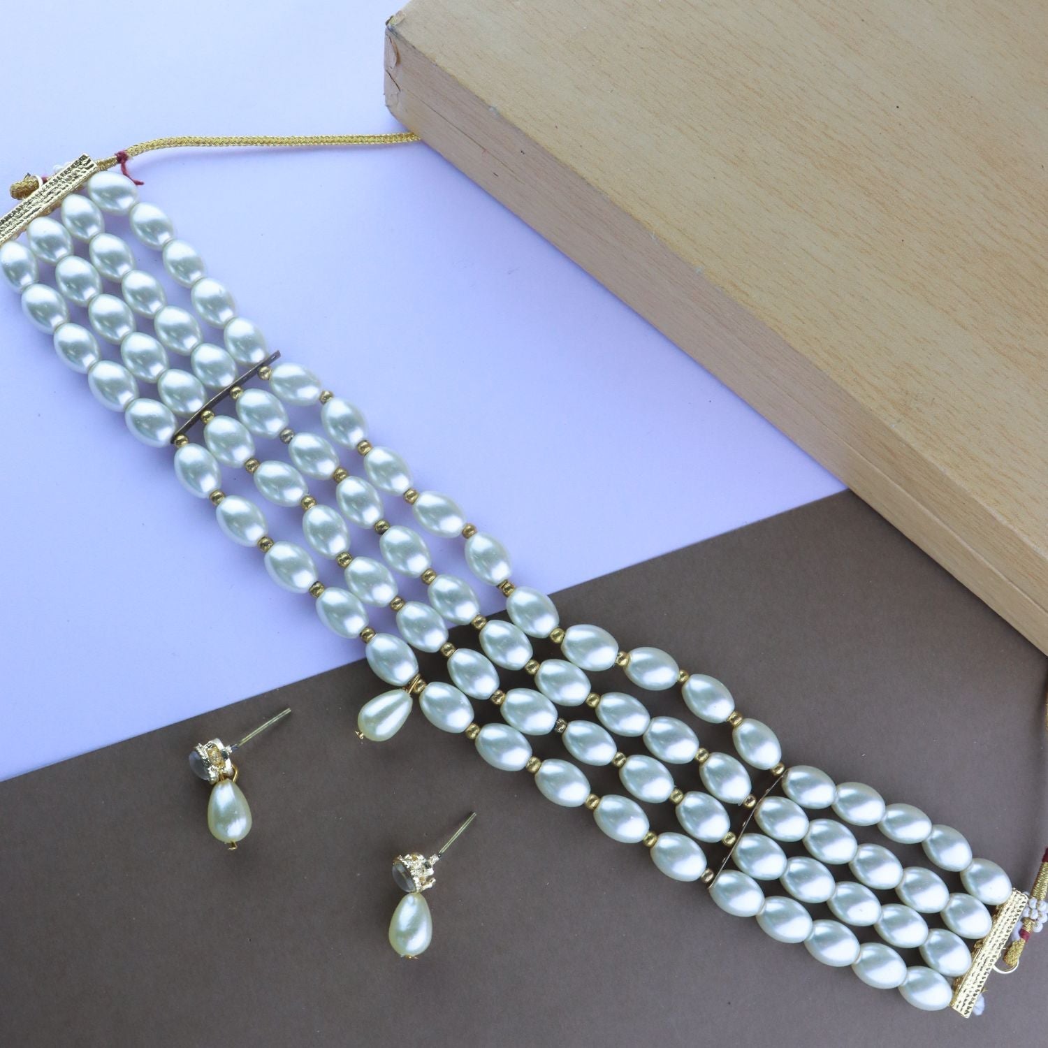 Gold-Polished Traditional Pearl Beaded Stylish Moti Choker Necklace Jewellery Set with Earrings for women - Wahe Jewels Noz2Toz