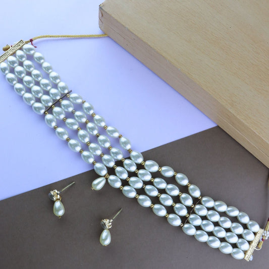 Gold-Polished Traditional Pearl Beaded Stylish Moti Choker Necklace Jewellery Set with Earrings for women - Wahe Jewels Noz2Toz