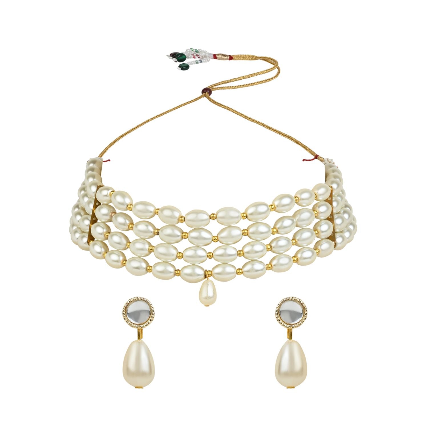 Gold-Polished Traditional Pearl Beaded Stylish Moti Choker Necklace Jewellery Set with Earrings for women - Wahe Jewels Noz2Toz