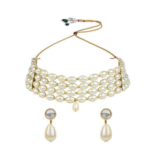 Gold-Polished Traditional Pearl Beaded Stylish Moti Choker Necklace Jewellery Set with Earrings for women - Wahe Jewels Noz2Toz