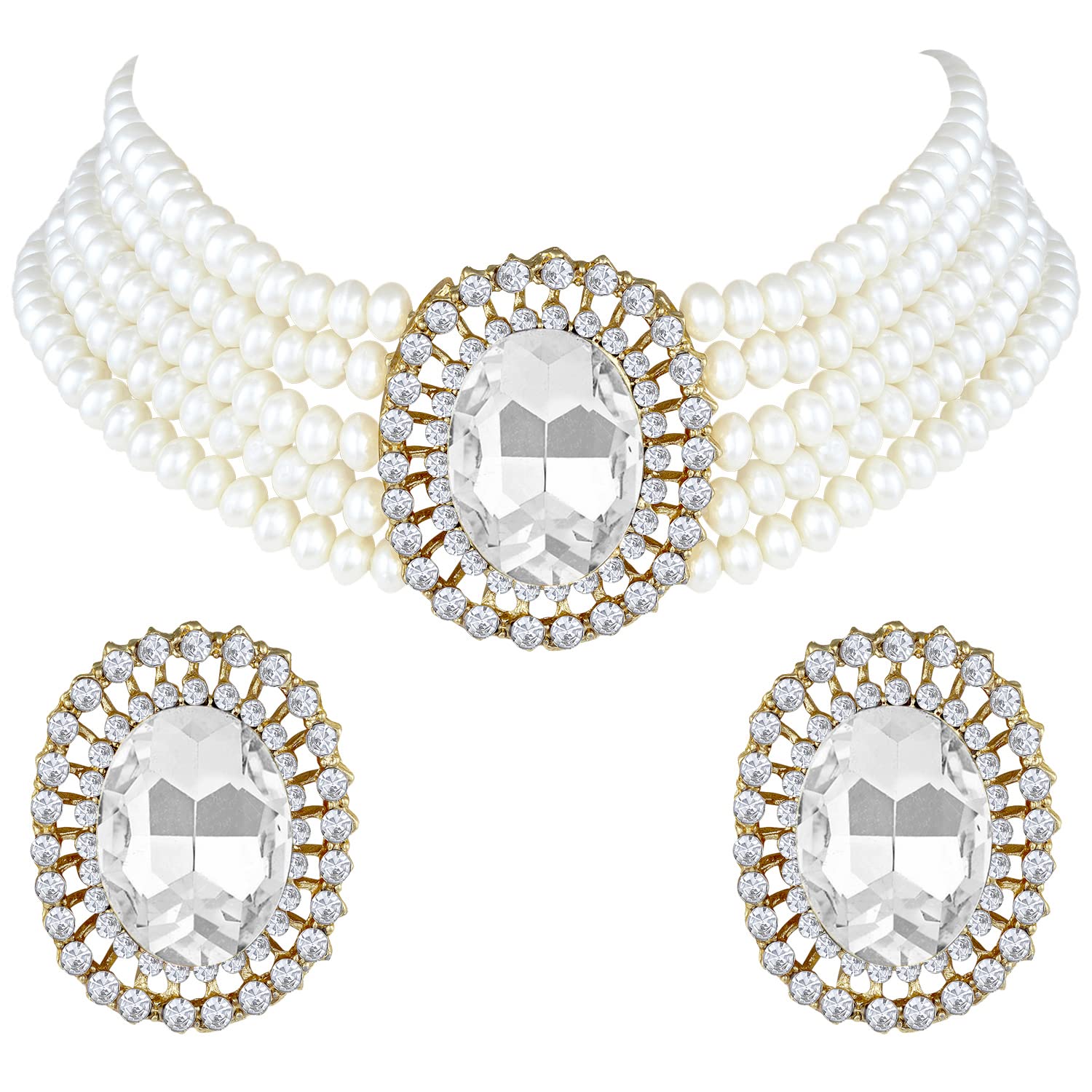 Gold-Polished Traditional Green Stone Studded Pearl Choker Necklace Jewellery Set For Women/Girls - Wahe Jewels Noz2Toz