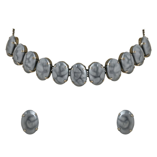 Glamorous Fashionable Eye-Catching Grey Beaded Choker and Earrings Set For Women/Girls - Wahe Jewels Noz2Toz