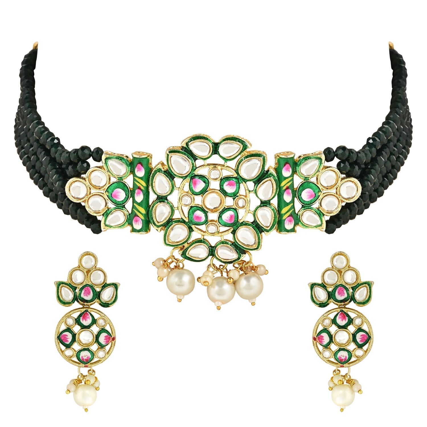 Gold-Polished Traditional Pearl Kundan Studded Meenakari Choker Necklace With Earring Set For Women/Girls - Wahe Jewels - Swadesiicart